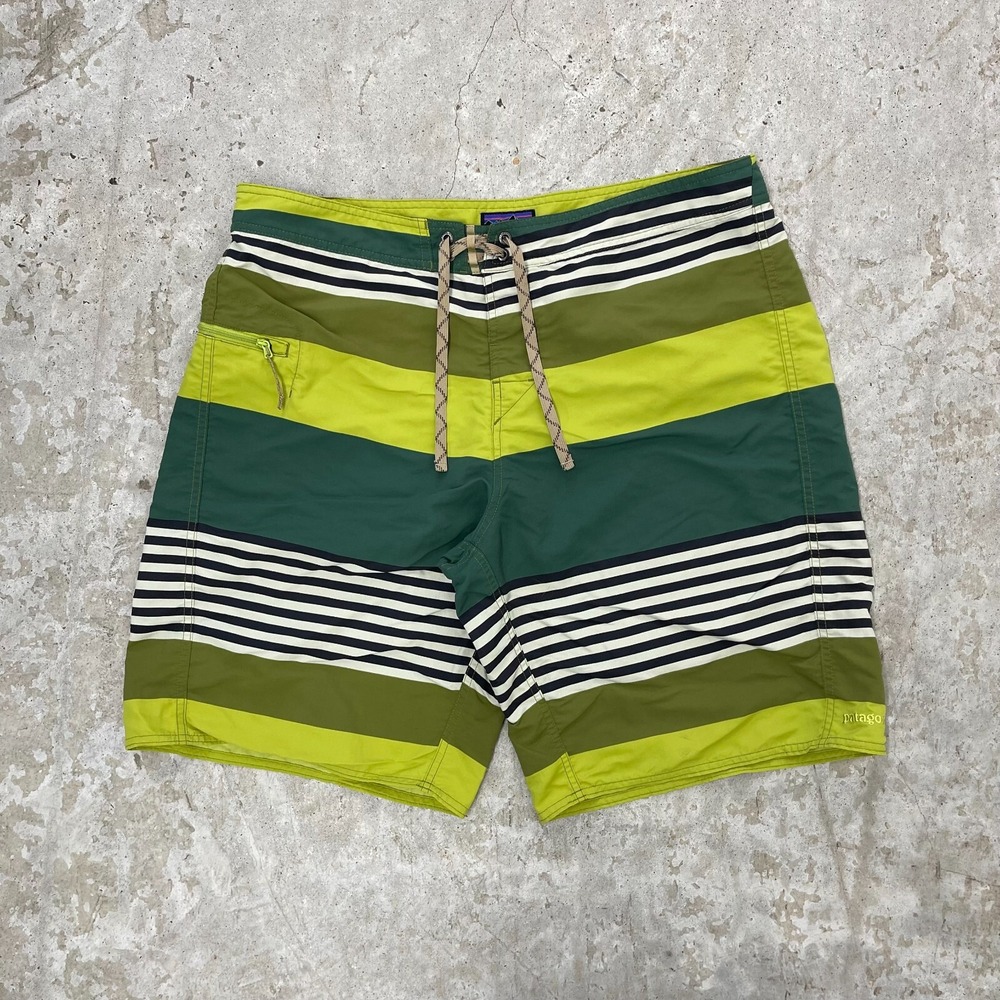 Patagonia Board Shorts Mens 38 Green Striped Drawstring Surfing Swim Trunks‎